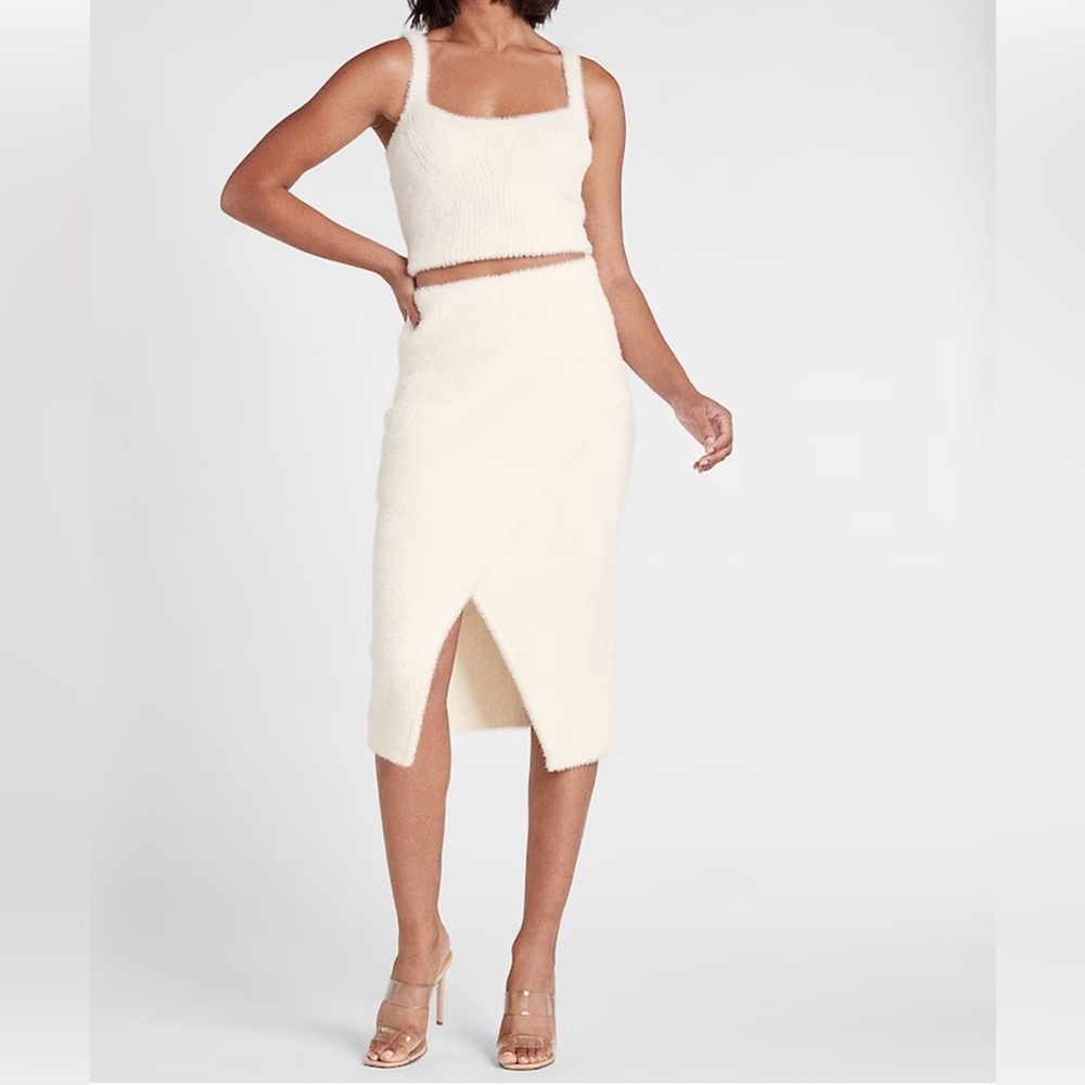 Express Ivory Cream Fuzzy Fur Sweater Pencil Skirt Open Slit Faux Wrap